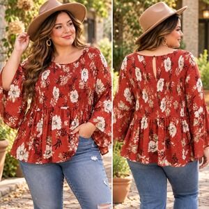 Torrid Swiss Dot Smocked Floral Blouse Women's 4X 26 Rust Trumpet Sleeve Peplum